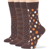 Women's Cotton Novelty Crew Socks - 4 Pack - Polka Dots, Stripes - Brown (A29)