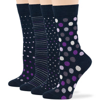 Women's Cotton Novelty Crew Socks - 4 Pack - Polka Dots, Stripes - Dark Navy (A29)