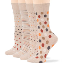 Women's Cotton Novelty Crew Socks 4 Pack - Polka Dots, Stripes - Light Beige (A29)