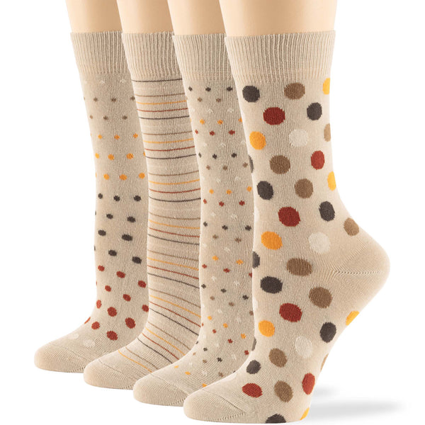 Women's Cotton Novelty Crew Socks 4 Pack - Polka Dots, Stripes - Light Beige (A29)