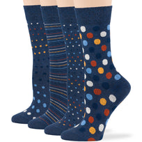 Women's Cotton Novelty Crew Socks - 4 Pack - Polka Dots, Stripes - Light Navy (A29)