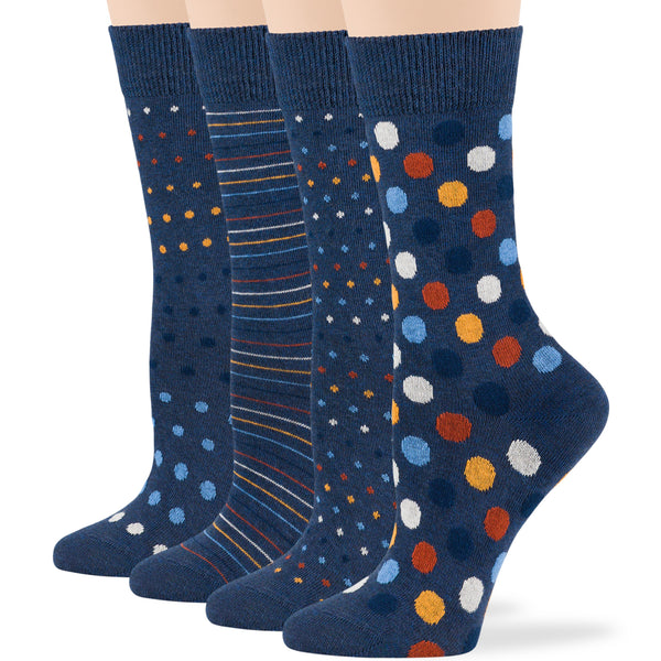 Women's Cotton Novelty Crew Socks - 4 Pack - Polka Dots, Stripes - Light Navy (A29)