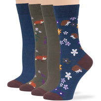Women's Cotton Novelty Crew Socks - 4 Pack - Hedgehog, Fox (A34)