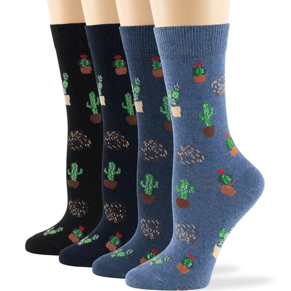 Women's Cotton Novelty Crew Socks - 4 Pack - Cactus (A36)