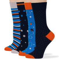 Women's Cotton Novelty Crew Socks - 4 Pack - Bubbles, Dots, Stripes (A51)