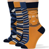 Women's Cotton Novelty Crew Socks - 4 Pack - Geometric, Indian - Dark Navy (A54)