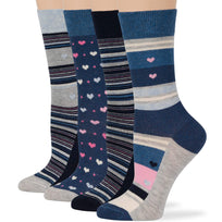 Women's Cotton Novelty Crew Socks - 4 Pack - Heart, Stripes - Denim Blue (A55)