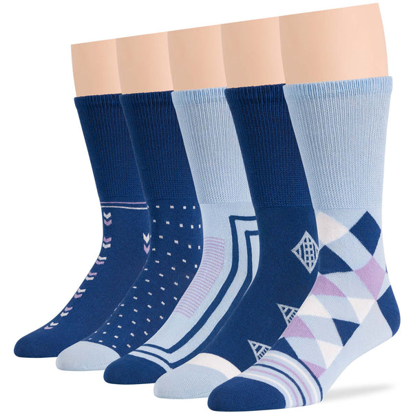 Men's Cotton Diabetic Patterned Crew Socks - 5 Pack - Argyle, Dot, Geometric (A094)