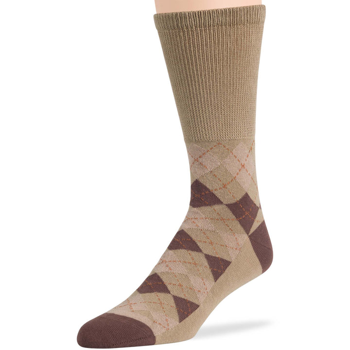 Men's khaki argyle crew sock from 5 pack, cotton diabetic patterned, seamless and breathable for neuropathy.