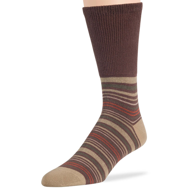 Men's brown and beige cotton diabetic crew sock with striped pattern for comfort and neuropathy care