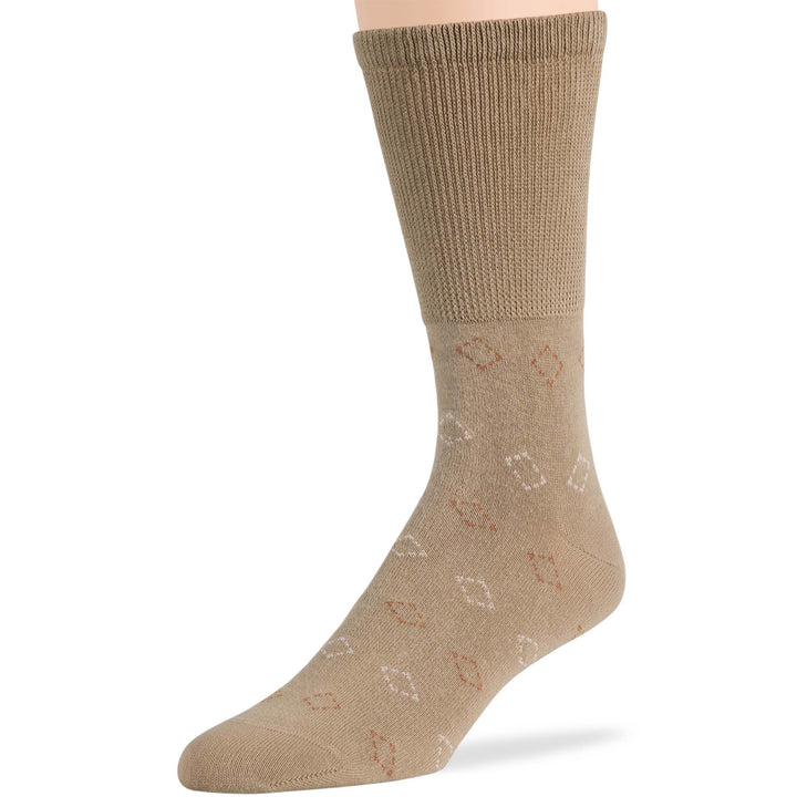 Khaki men's cotton crew sock with geometric pattern, seamless and non-binding, from the 5-pack of diabetic socks for neuropathy