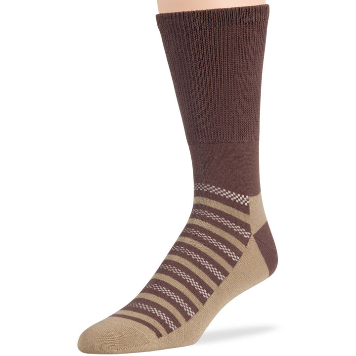 Men's cotton diabetic crew sock in brown and khaki with a striped pattern, seamless and breathable for comfort and good for neuropathy.