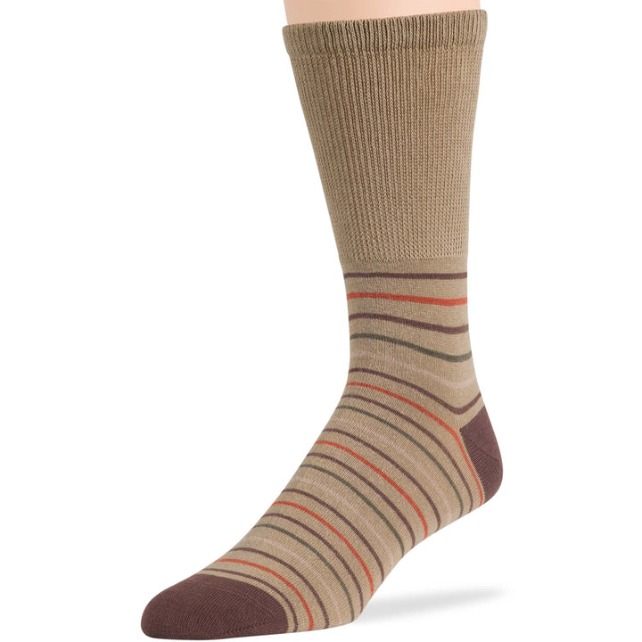 Khaki and brown striped crew sock for men made of Turkish premium cotton, suitable for diabetics, seamless and breathable.