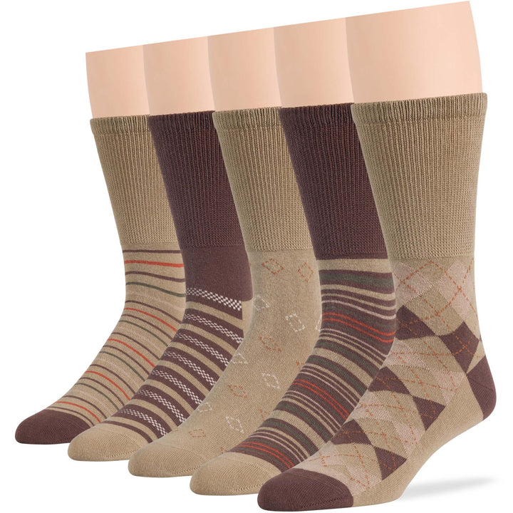 Men's Cotton Diabetic Patterned Crew Socks 5 Pack in Argyle, Stripe, and Geometric Patterns, Colors Khaki, Brown, Beige - A095