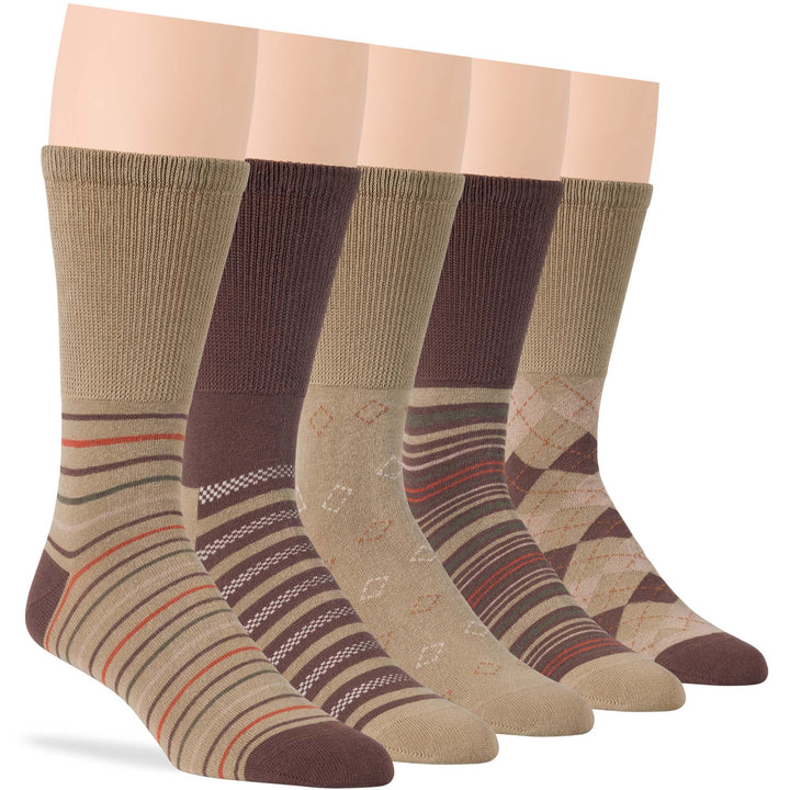 Men's Cotton Diabetic Patterned Crew Socks - 5 Pack in khaki, brown, and beige with argyle, stripe, and geometric designs