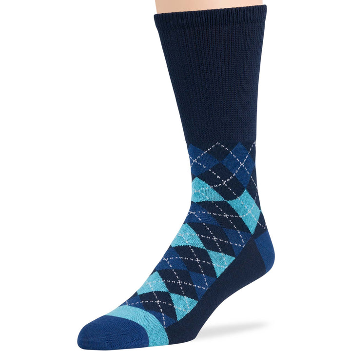 Men's cotton diabetic argyle patterned crew sock in navy blue and denim blue, no-binding, seamless toe, breathable, loose-fit fashion.