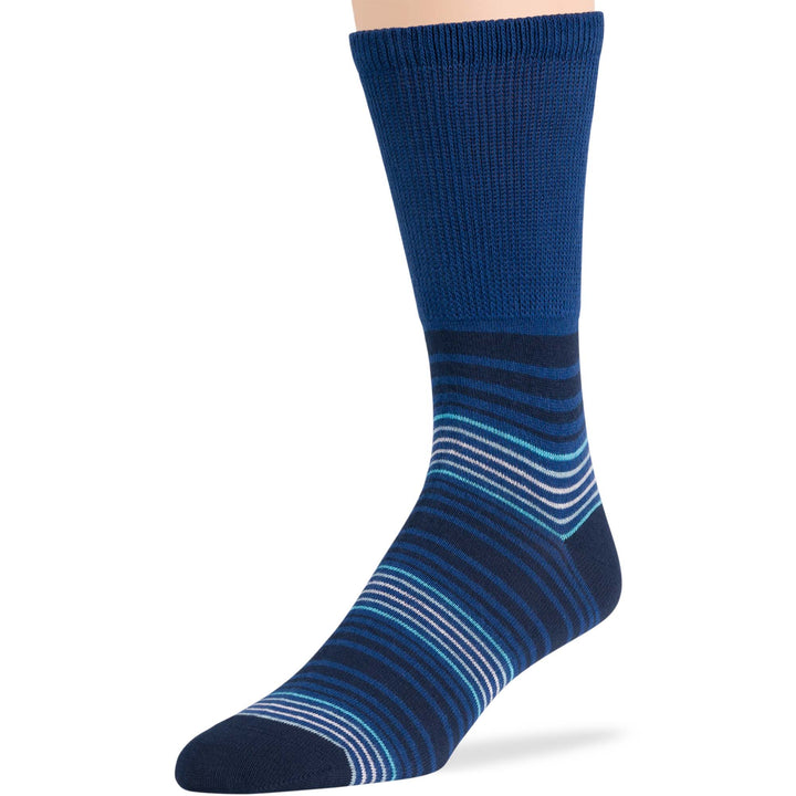 Denim blue and navy blue men's cotton diabetic crew sock with chambray geometric stripe pattern, seamless toe, and non-binding loose fit.