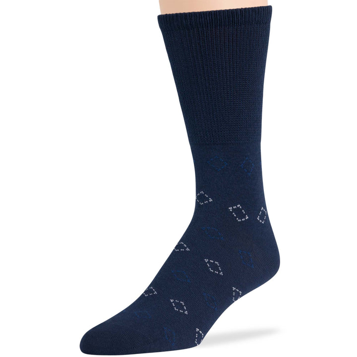 Men's Denim Blue Cotton Crew Diabetic Sock with Geometric Pattern - Seamless Toe, Loose-Fit, No-Binding Design