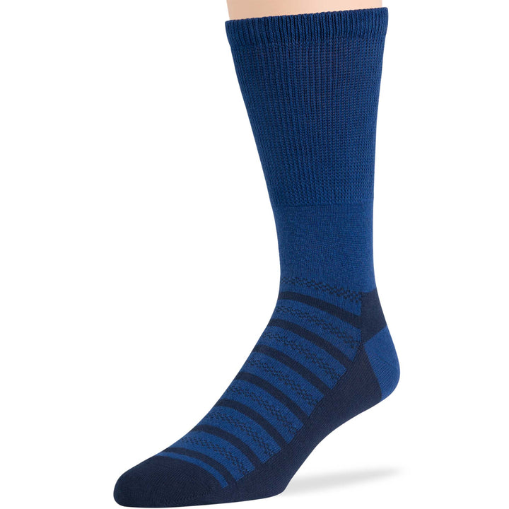 Men's navy blue geometric patterned crew sock in denim blue with breathable, non-binding, and seamless toe design.