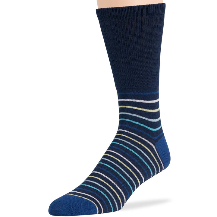 Men's cotton crew novelty patterned diabetic sock in denim blue with geometric stripes, seamless toe, non-binding, breathable, soft, loose-fit, no-odor