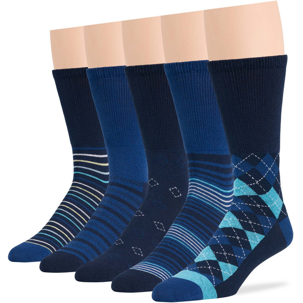 Men's cotton diabetic crew socks in denim and navy blue patterns, including argyle and stripes, showcasing comfort and style.