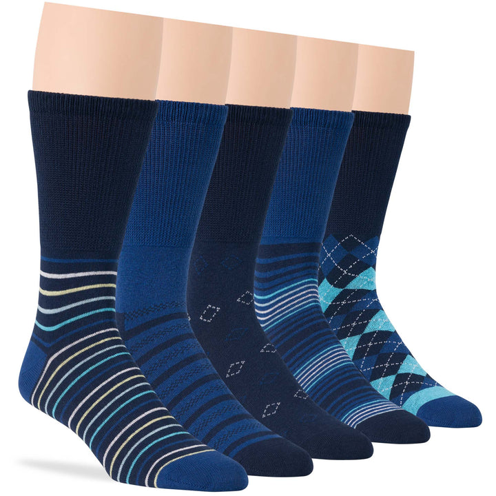 Men's cotton diabetic crew socks 5 pack in denim and navy blue with chambray, argyle, stripe, and geometric patterns.