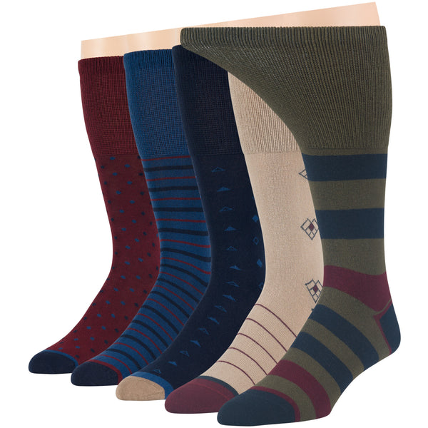 Men's Cotton Diabetic Patterned Mid-Calf Socks - 5 Pack - Striped, Dotted (A70)