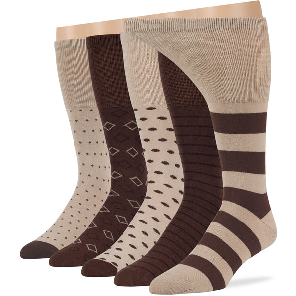 Men's Cotton Diabetic Patterned Mid-Calf Socks - 5 Pack - Striped, Dotted, Square (A71)