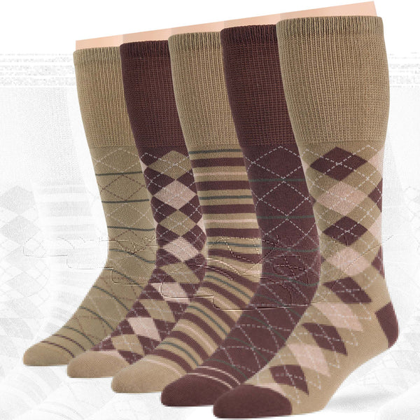 Mens Cotton Diabetic Patterned Mid-Calf Socks - 5 Pack - Argyle, Stripe, Geometric (A097)