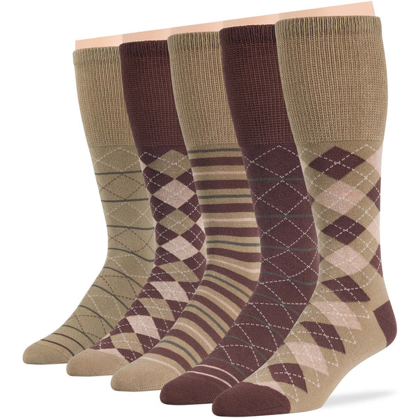 Men's cotton diabetic mid-calf socks featuring argyle, stripe, and geometric patterns in khaki and brown colors - 5 pack.