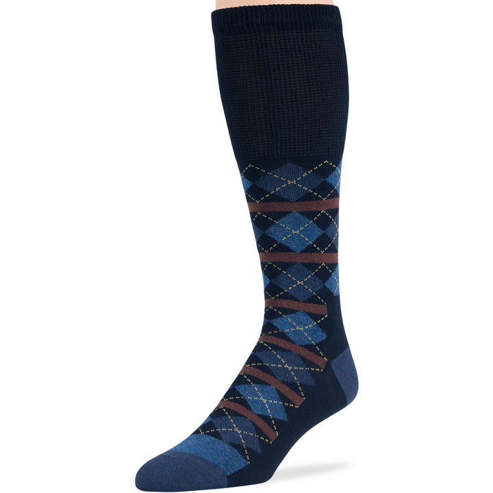 Dark Navy and Denim Blue Argyle Men's Cotton Diabetic Mid-Calf Sock - Soft, Seamless, Non-Binding, and Breathable