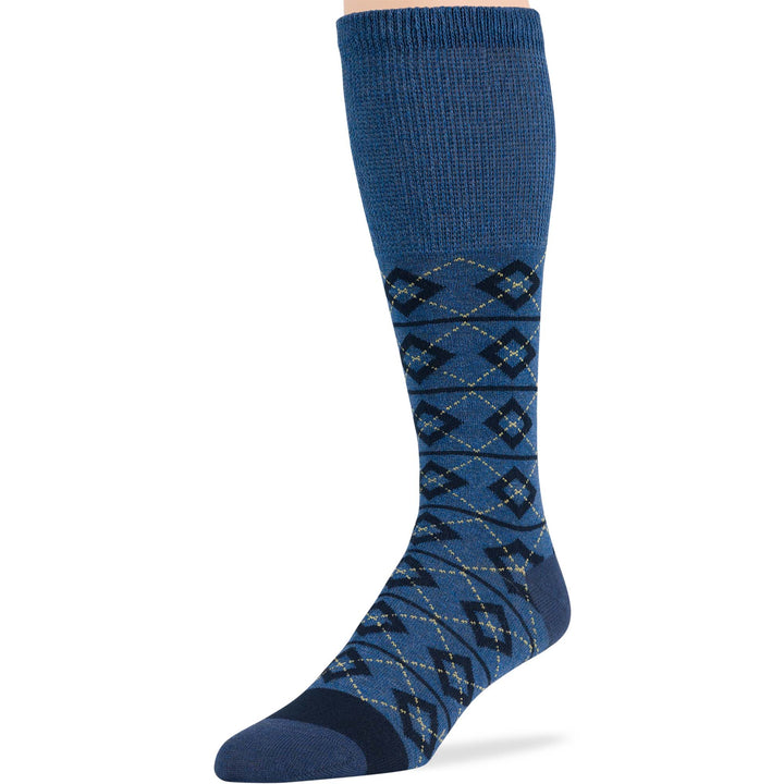 Men Cotton Diabetic Mid-Calf Sock in Blue Argyle Pattern - Comfort and Breathable Design