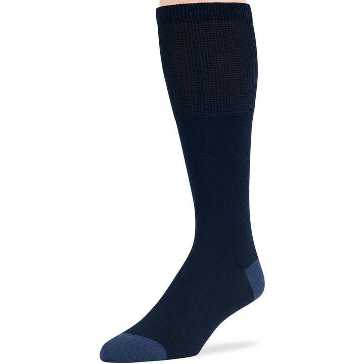 Dark navy men's mid-calf diabetic sock made from Turkish premium cotton with seamless, non-binding, breathable fabric, suitable for neuropathy.