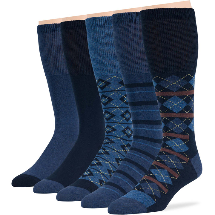 Men Cotton Diabetic Patterned Mid-Calf Socks 5 Pack - Geometric, Argyle, Stripe in Dark Navy and Denim Blue