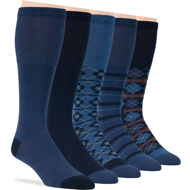 Men’s navy and blue mid-calf diabetic socks 5-pack with geometric, argyle, and stripe patterns. Seamless, breathable, and non-binding.