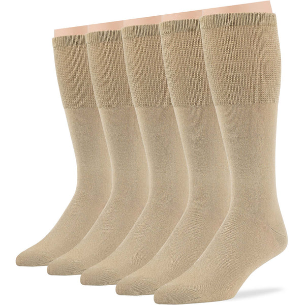 Men's Cotton Diabetic Mid-Calf Dress Solid Socks - 5 Pack - Khaki