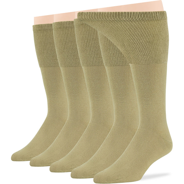 Men's khaki mid-calf dress socks, 5 pack, seamless, soft, breathable, lightweight, perfect for diabetics and comfort.