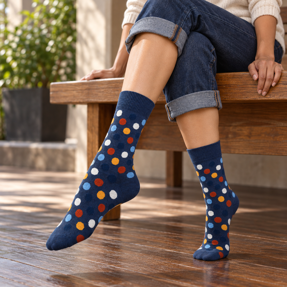 Women Cotton Patterned Crew Socks - 4 Pack - Black