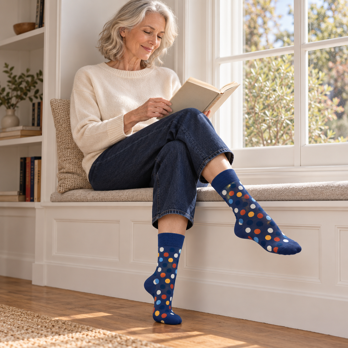 Women Cotton Patterned Crew Socks - 4 Pack - Black