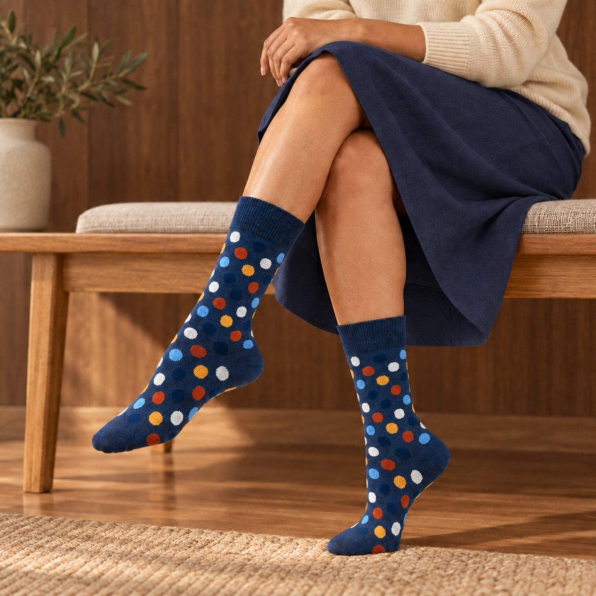 Women Cotton Patterned Crew Socks - 4 Pack - Black