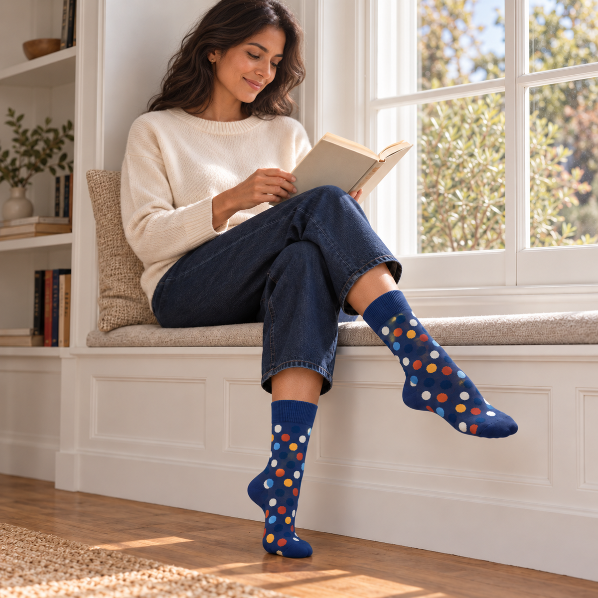 Women Cotton Patterned Crew Socks - 4 Pack - Black