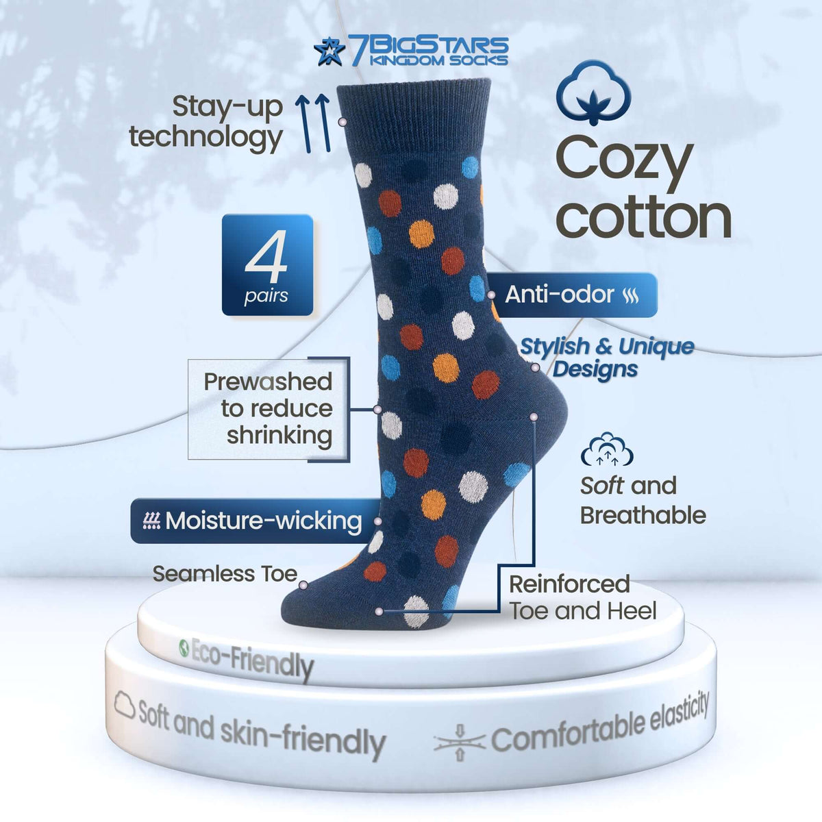 Women Cotton Patterned Crew Socks - 4 Pack - Black