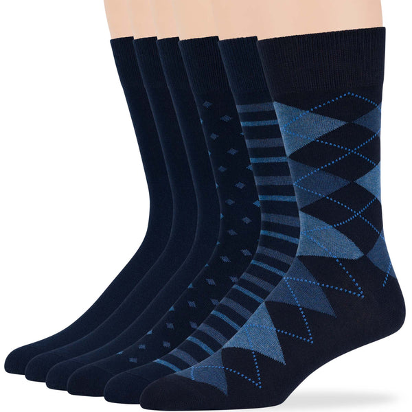 Men's Cotton Patterned Crew Socks - 6 Pack - Dark Navy (A17)