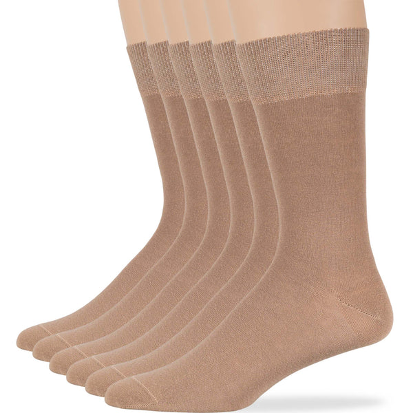 Men's cotton dress crew socks in dark beige, 6 pack, soft, breathable, lightweight, stay up design.