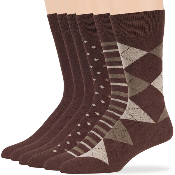 Men's Cotton Patterned Crew Socks - 6 Pack - Brown (A17)