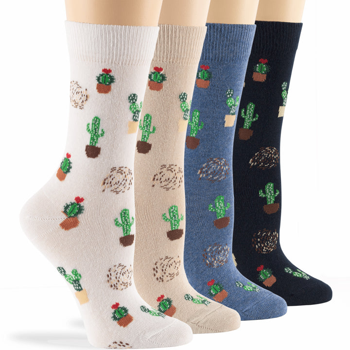 women-novelty-cotton-calf-socks-4 pack-large-cactus-desert-white-light-beige-denim-blue-dark-navy