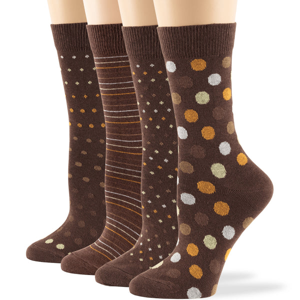 women-novelty-cotton-crew-socks-4 pairs-large-polka-dots–stripes-brown