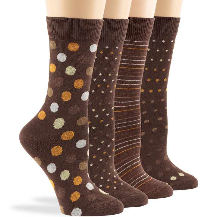 women-novelty-cotton-crew-socks-4 pairs-large-polka-dots–stripes-brown