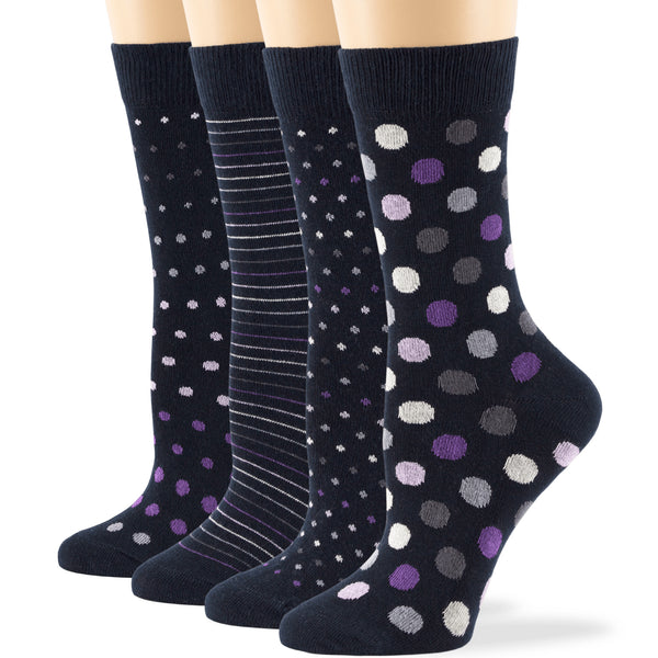 women-cotton-calf-socks-4 pack-large-polka-dots–stripes-navy-blue