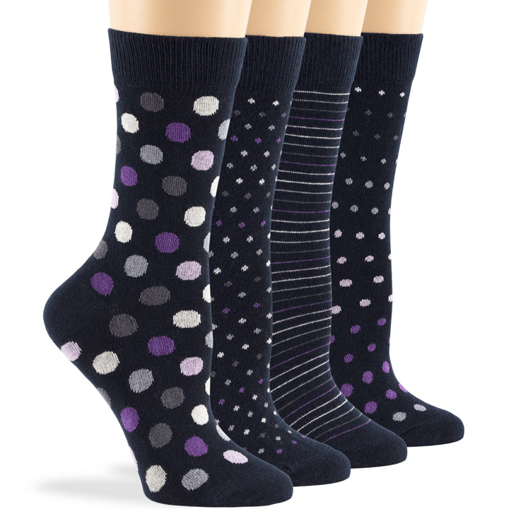 women-cotton-calf-socks-4 pack-large-polka-dots–stripes-navy-blue